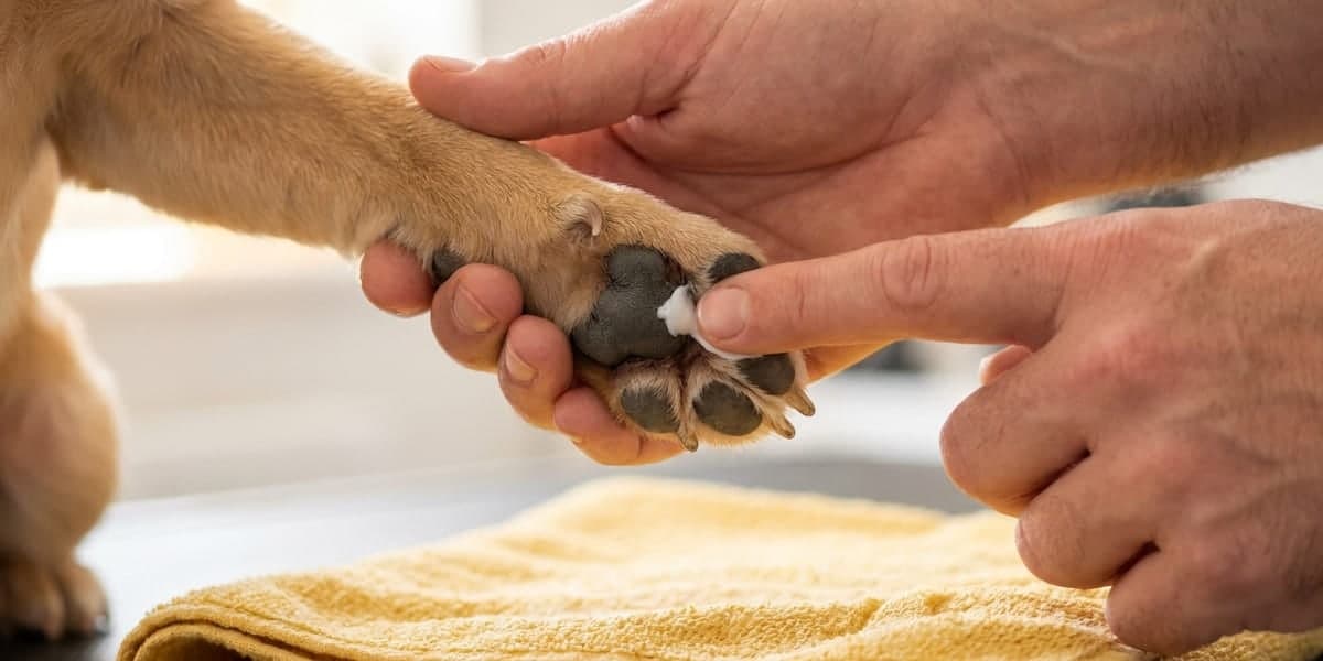 Con un dito si applica il balsamo per zampe sui cuscinetti di un cane