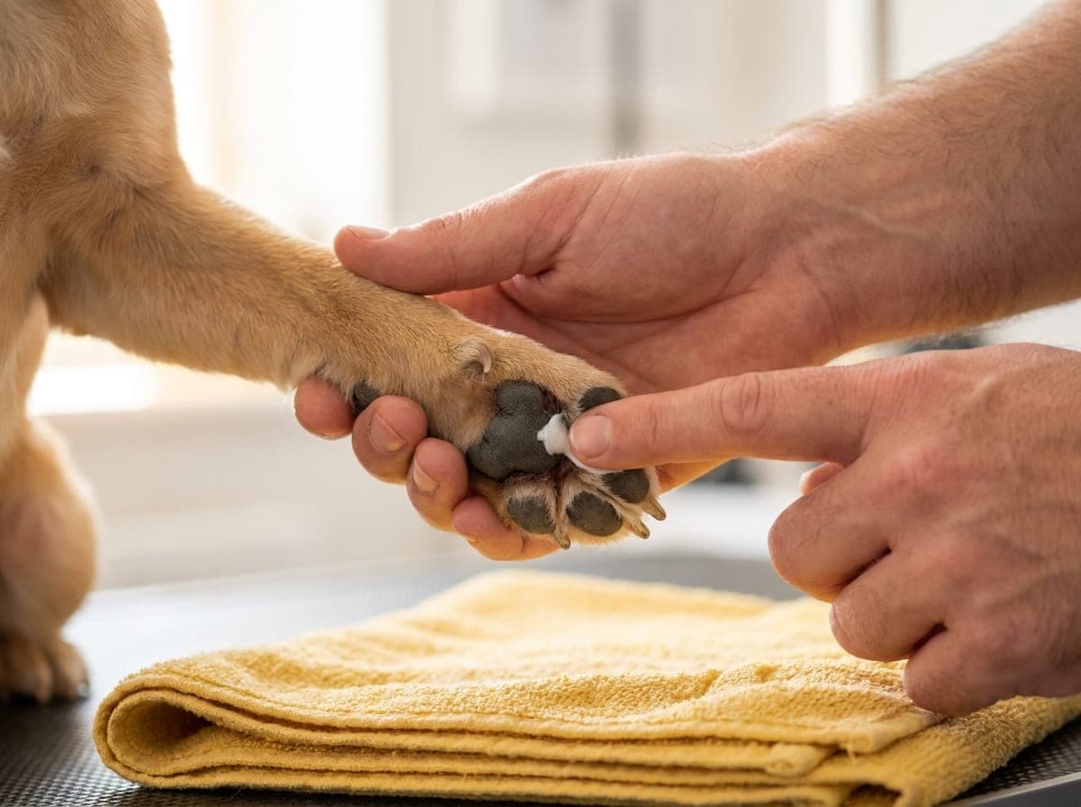 Con un dito si applica il balsamo per zampe sui cuscinetti di un cane
