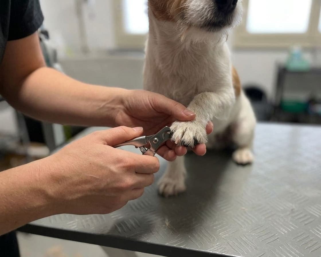 Le unghie di un Jack Russell Terrier vengono accorciate con un tagliaunghie sul tavolo da toelettatura