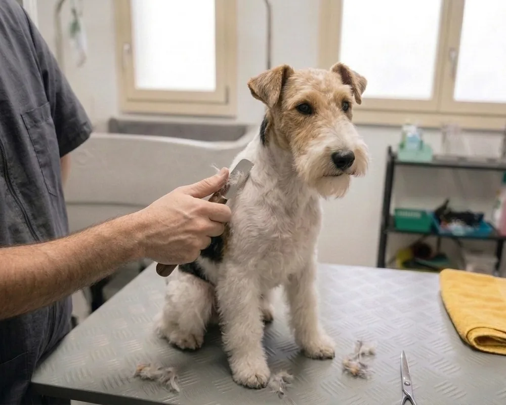 Ein Drahthaar-Foxterrier wird auf dem Pflegetisch im Hundesalon in Erstfeld mit dem Trimmmesser von Hand getrimmt