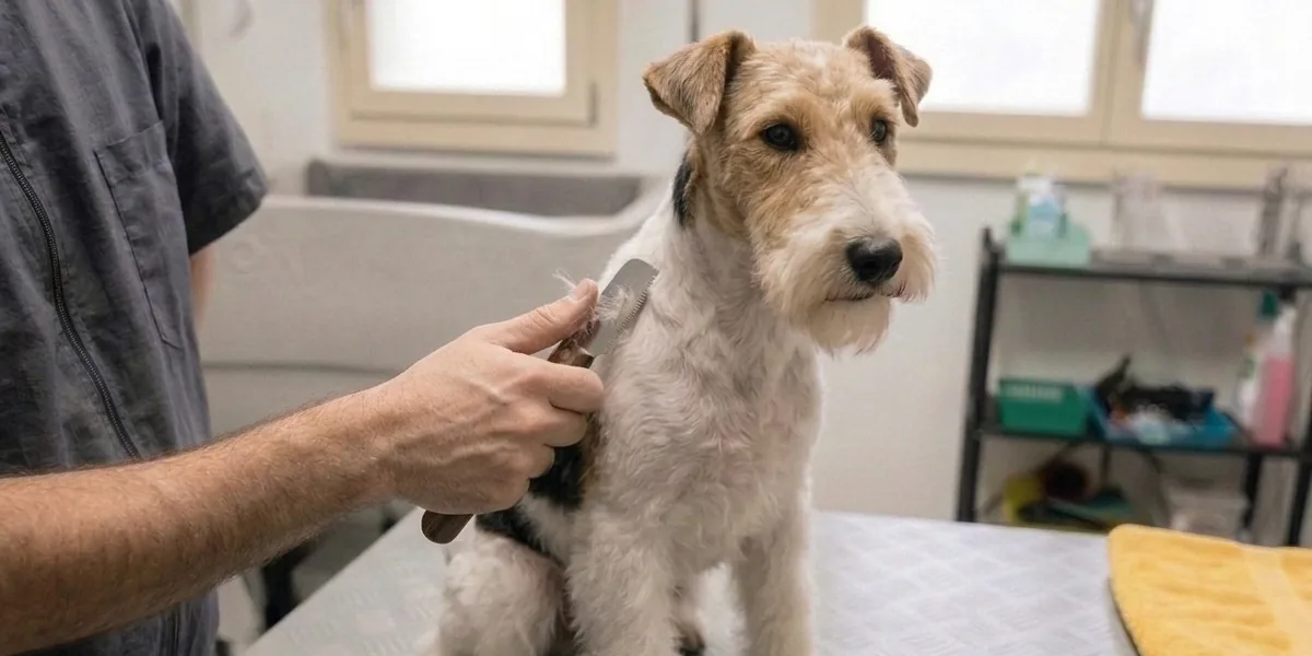 Un Fox Terrier a pelo duro viene sottoposto a stripping a mano con il coltello sul tavolo da toelettatura del salone a Erstfeld