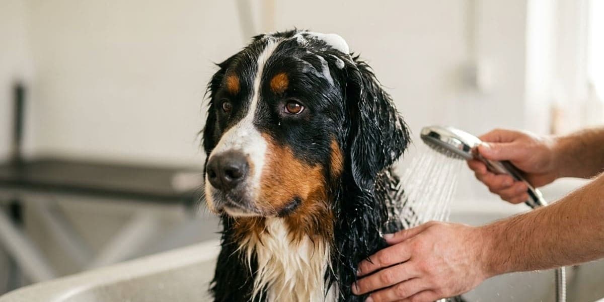 Un Bovaro del Bernese viene lavato con la doccetta nella vasca per cani