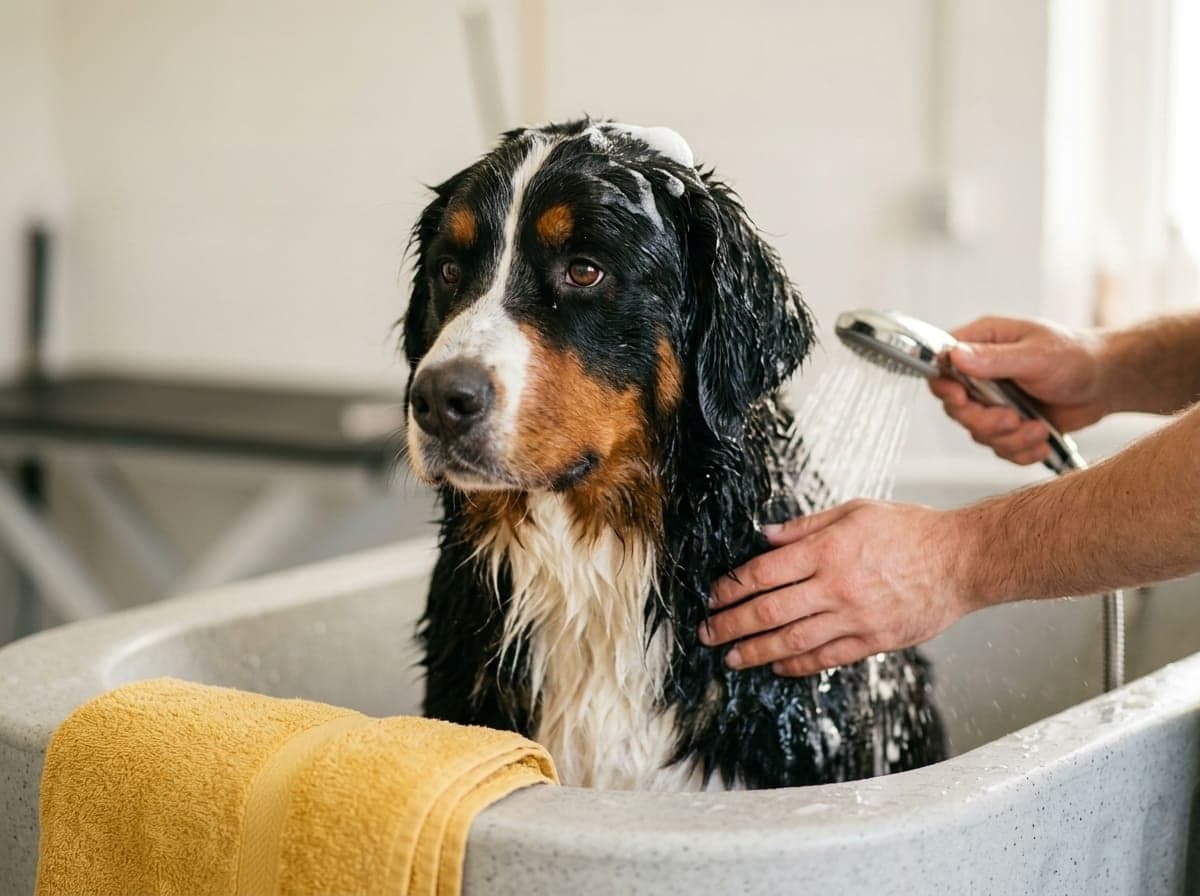 Un Bovaro del Bernese viene lavato con la doccetta nella vasca per cani
