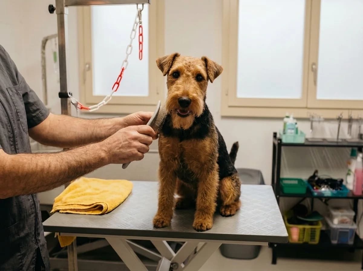 Un Welsh Terrier viene spazzolato sul tavolo da toelettatura del salone a Erstfeld