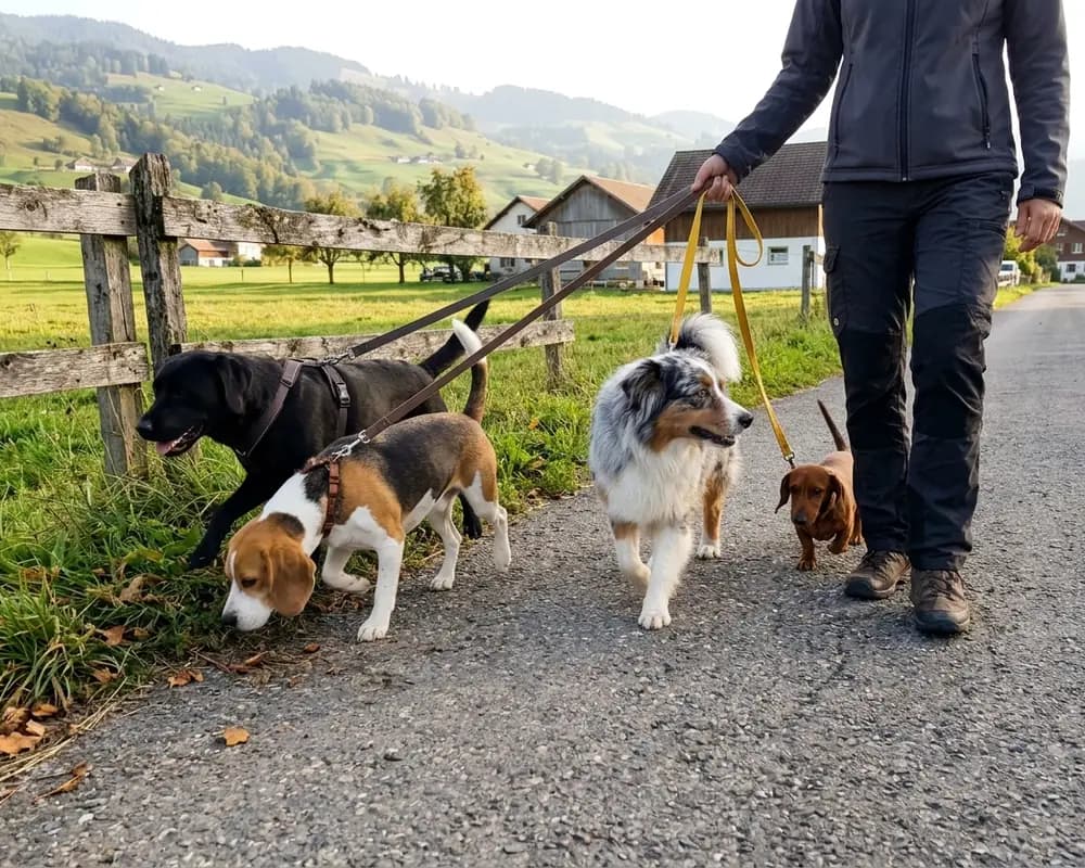 Un dog sitter passeggia con quattro cani al guinzaglio: un Labrador nero, un Beagle, un Australian Shepherd e un bassotto