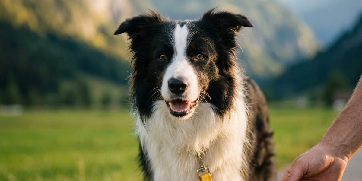 Border Collie allegro al guinzaglio giallo all’aperto in una valle di montagna