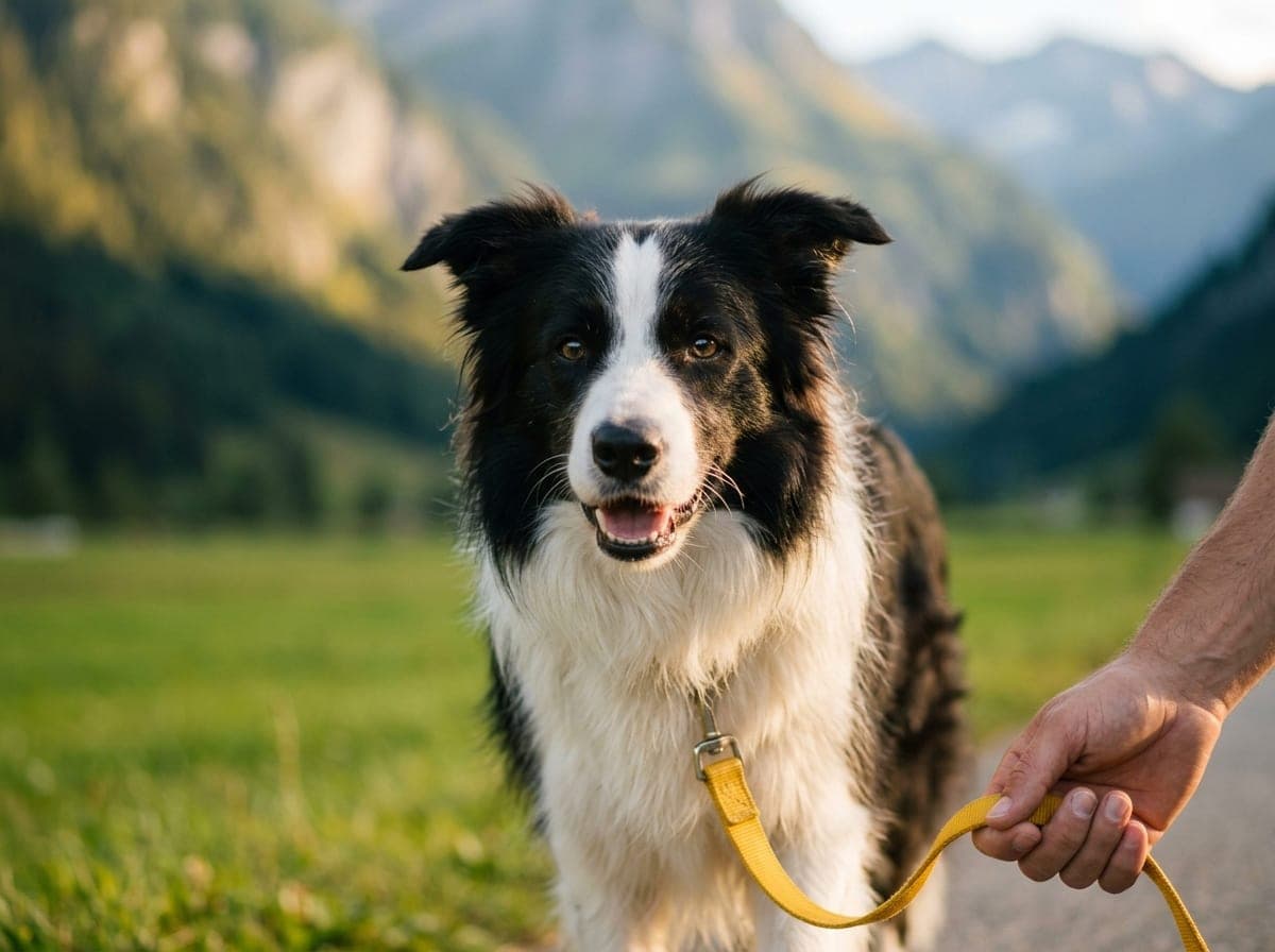 Border Collie allegro al guinzaglio giallo all’aperto in una valle di montagna