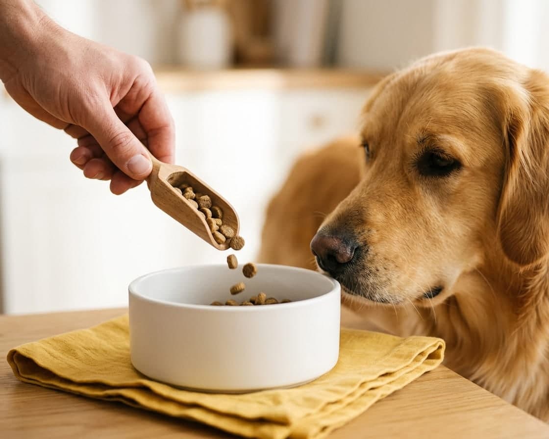 Crocchette versate in una ciotola bianca, un Golden Retriever le annusa