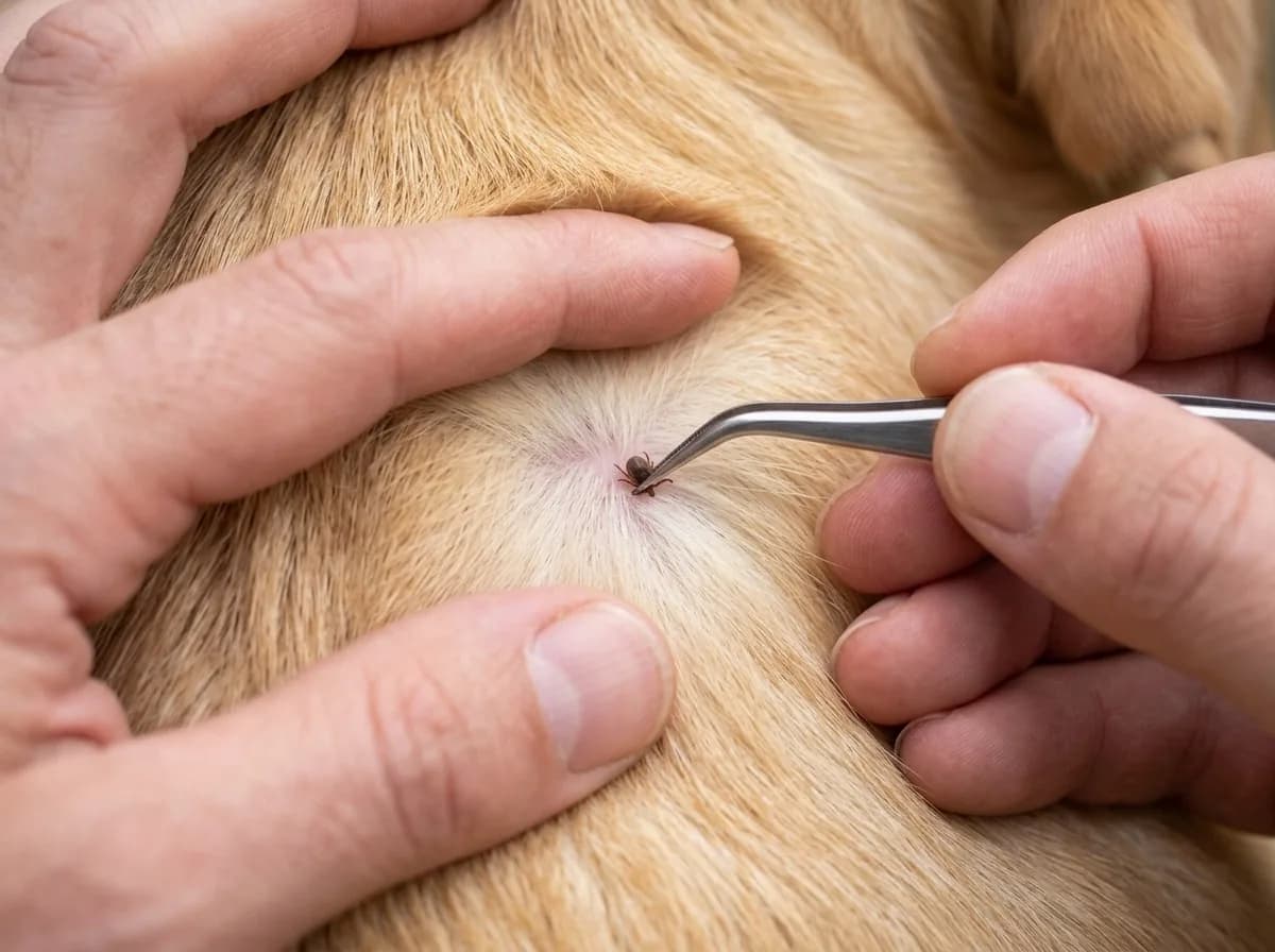 Una piccola zecca viene afferrata vicino alla pelle con una pinza per zecche nel pelo chiaro di un cane